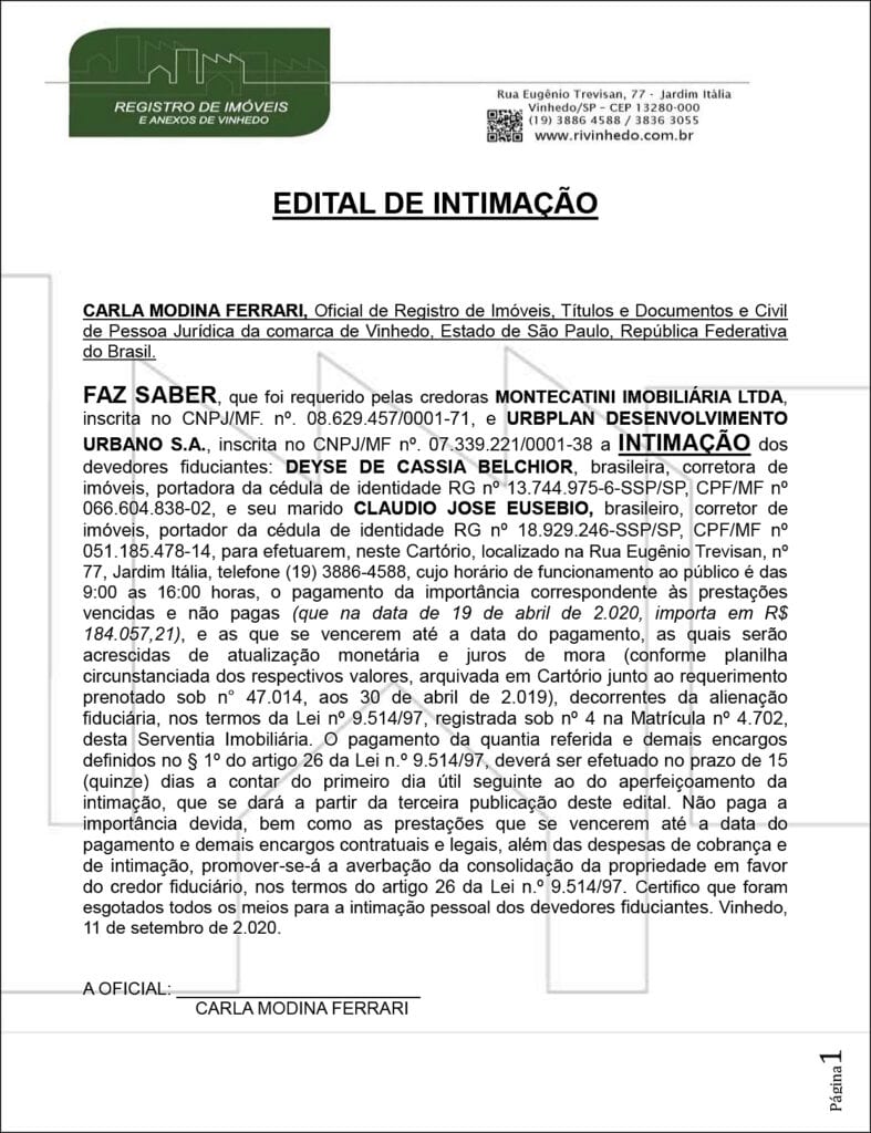 Edital De IntimaÇÃo 16 De Setembro De 2020 Jornal De Vinhedo 7579